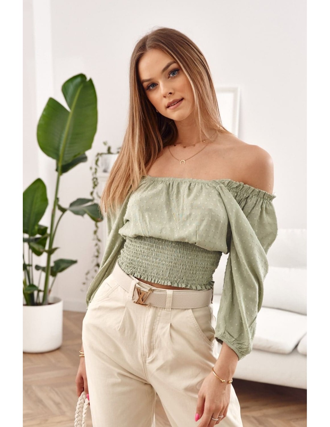 Short blouse with ruffles at the bottom Khaki MP29390 - Online store - Boutique